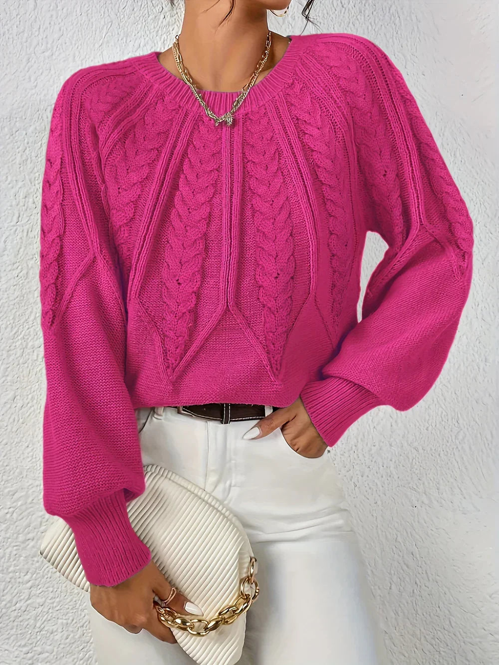Pull femme en maille torsadée à manches raglan