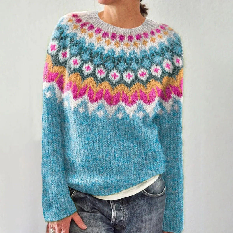Pull femme tricoté à col rond à motif Fair Isle