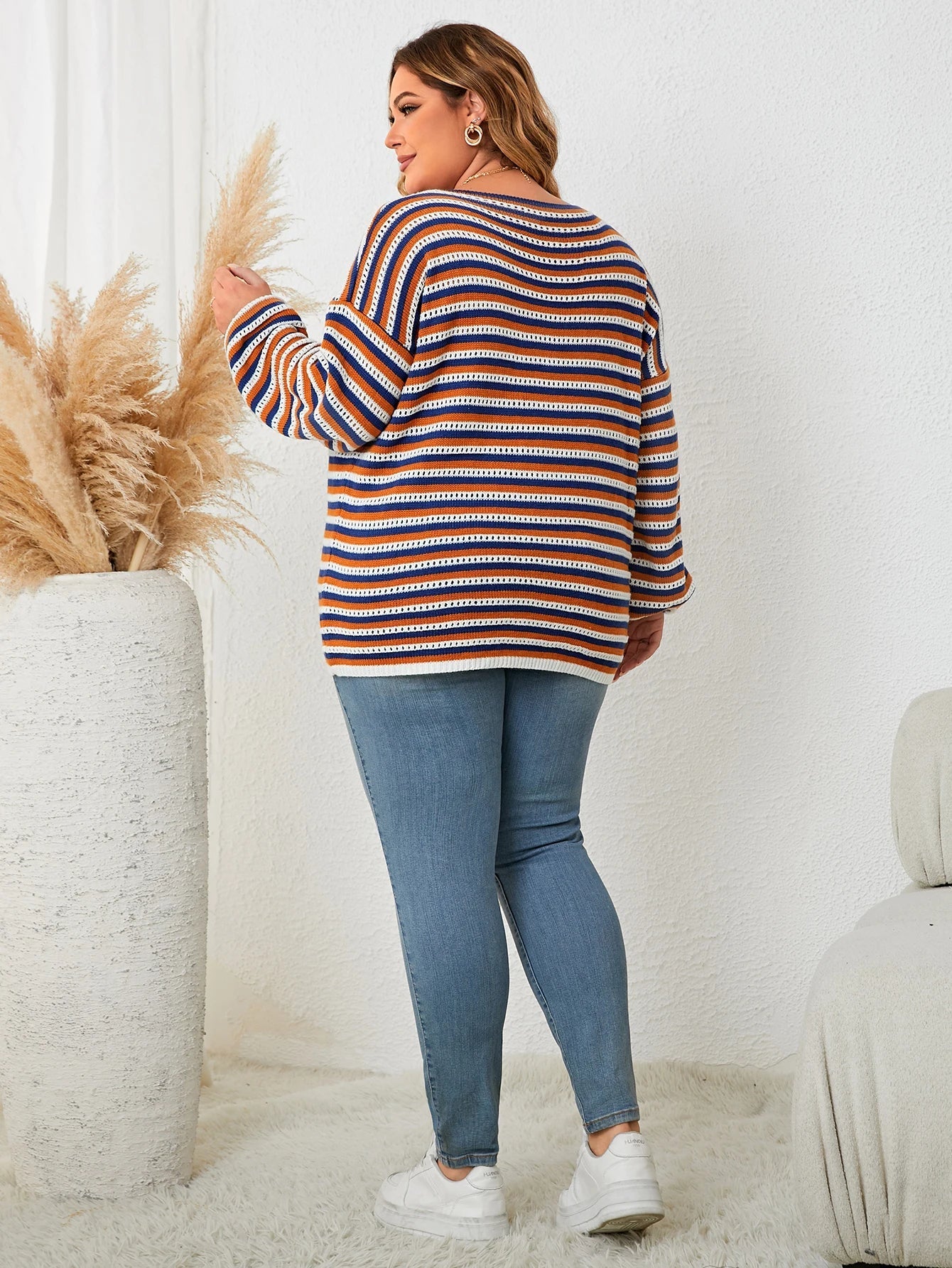 Pull grande taille en mélange de laine à rayures automnales