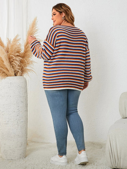 Pull grande taille en mélange de laine à rayures automnales