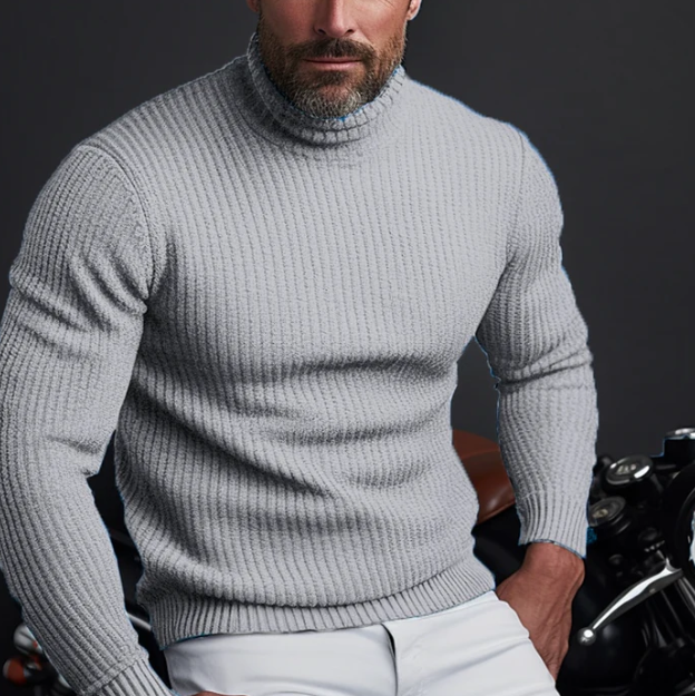 Pull homme à col roulé en maille côtelée, coupe ajustée