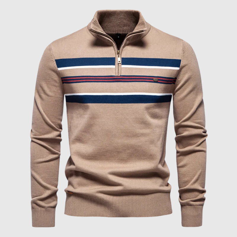 Pull homme à col zippé 1/4 à rayures