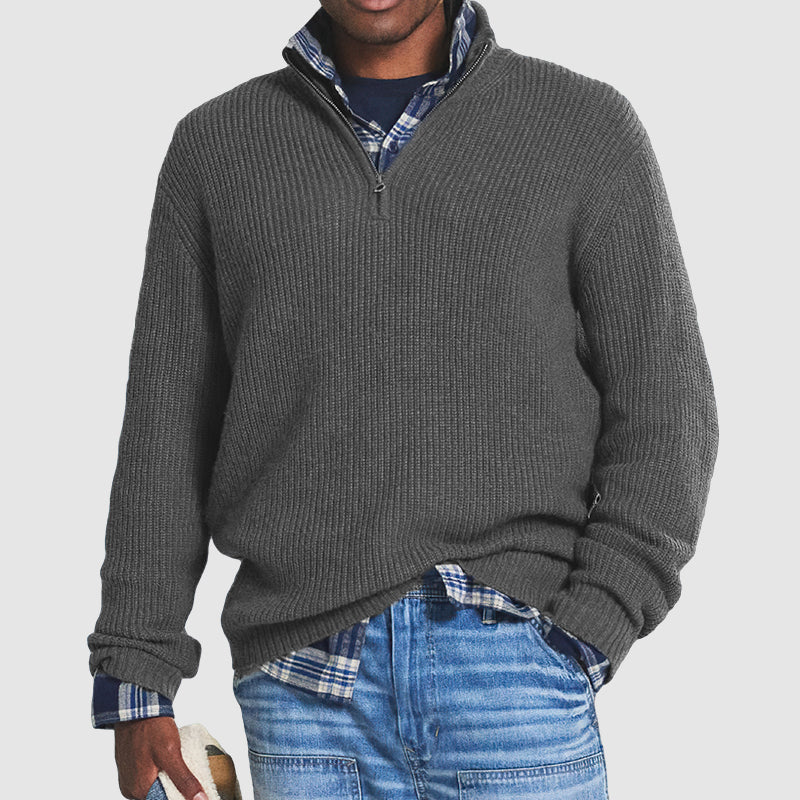 Pull homme à col zippé 1/4 en maille côtelée