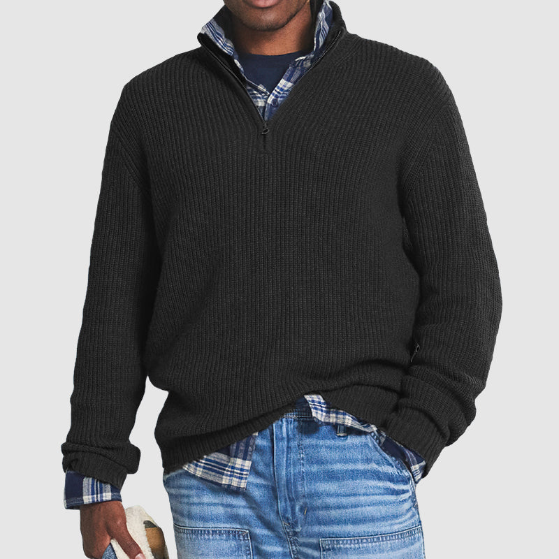 Pull homme à col zippé 1/4 en maille côtelée