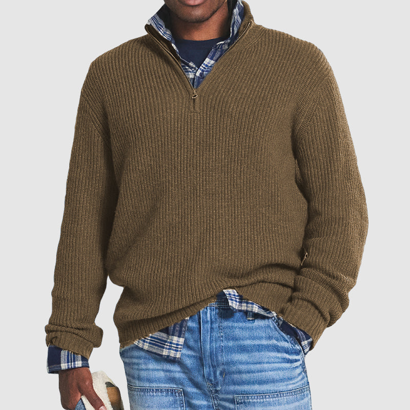 Pull homme à col zippé 1/4 en maille côtelée