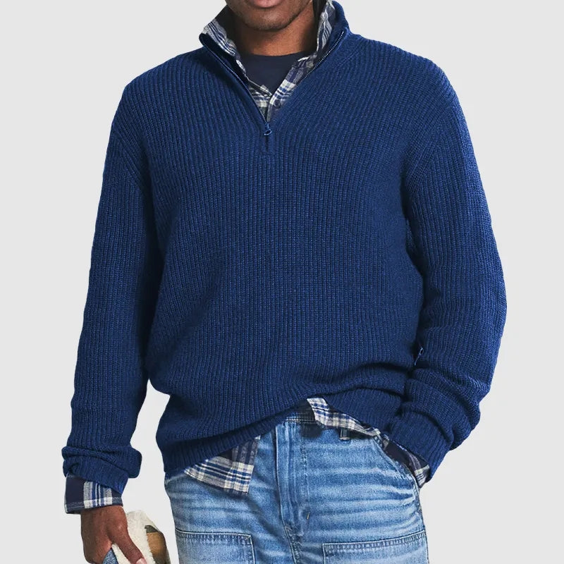 Pull homme à col zippé 1/4 en maille côtelée