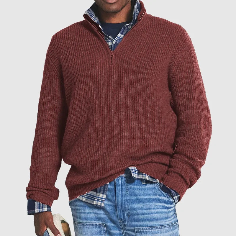 Pull homme à col zippé 1/4 en maille côtelée