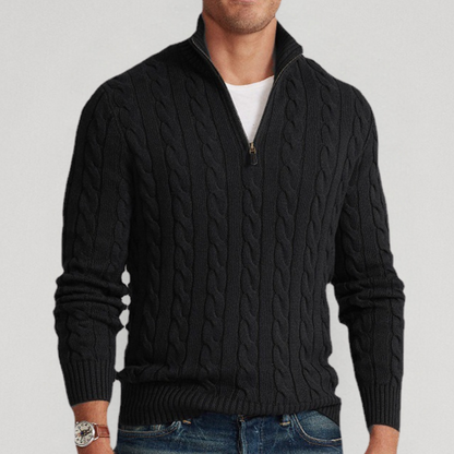 Pull homme à col zippé 1/4 en maille torsadée