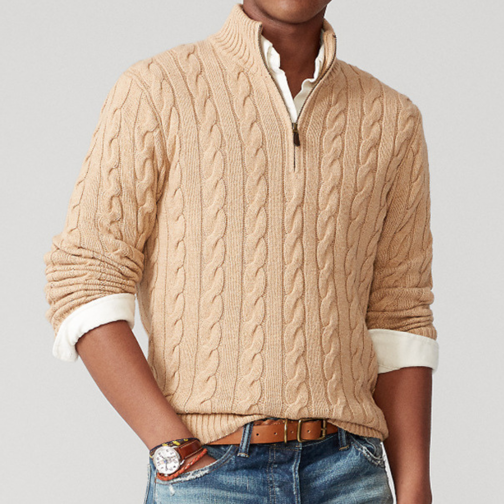 Pull homme à col zippé 1/4 en maille torsadée