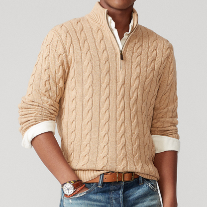 Pull homme à col zippé 1/4 en maille torsadée