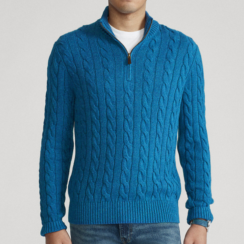 Pull homme à col zippé 1/4 en maille torsadée