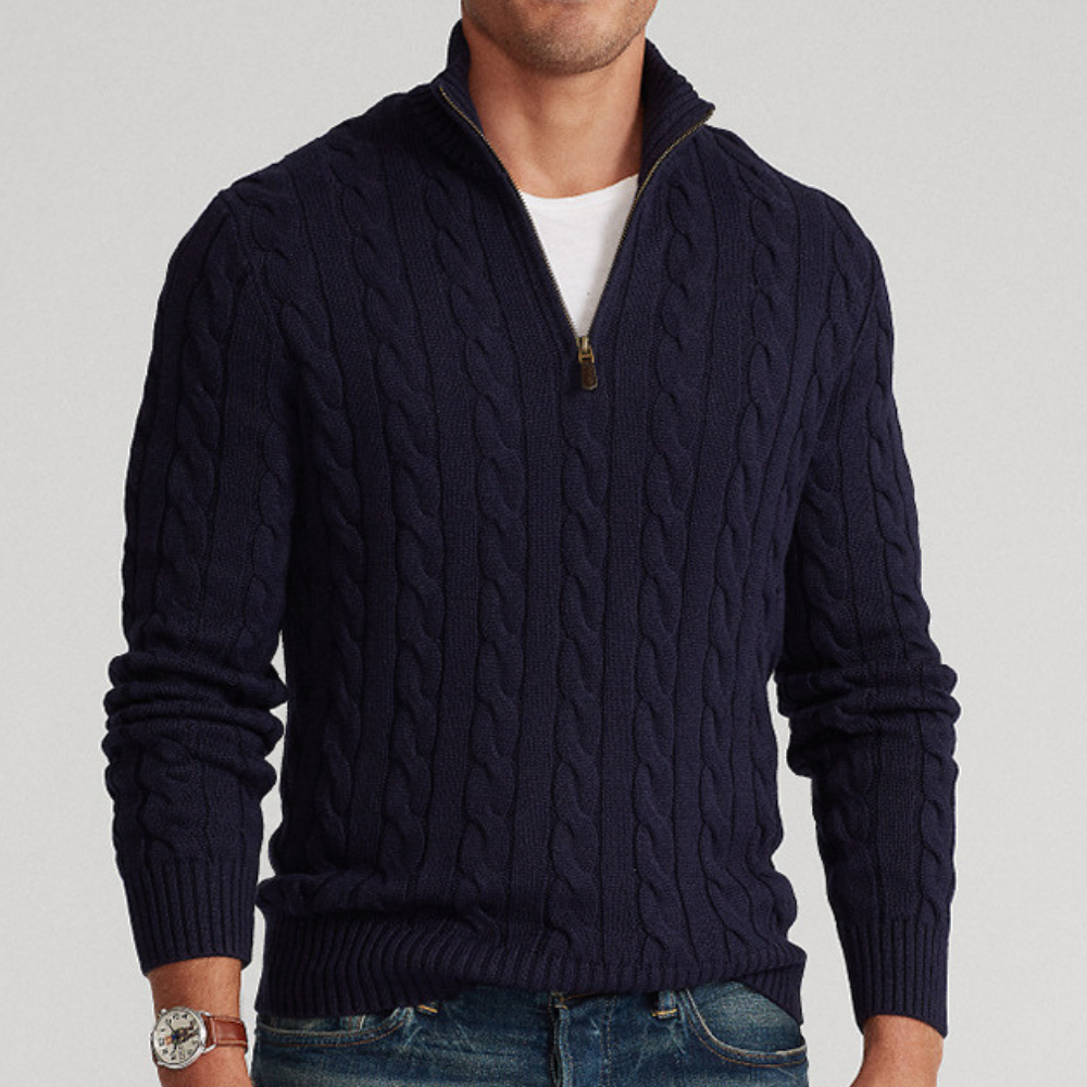 Pull homme à col zippé 1/4 en maille torsadée