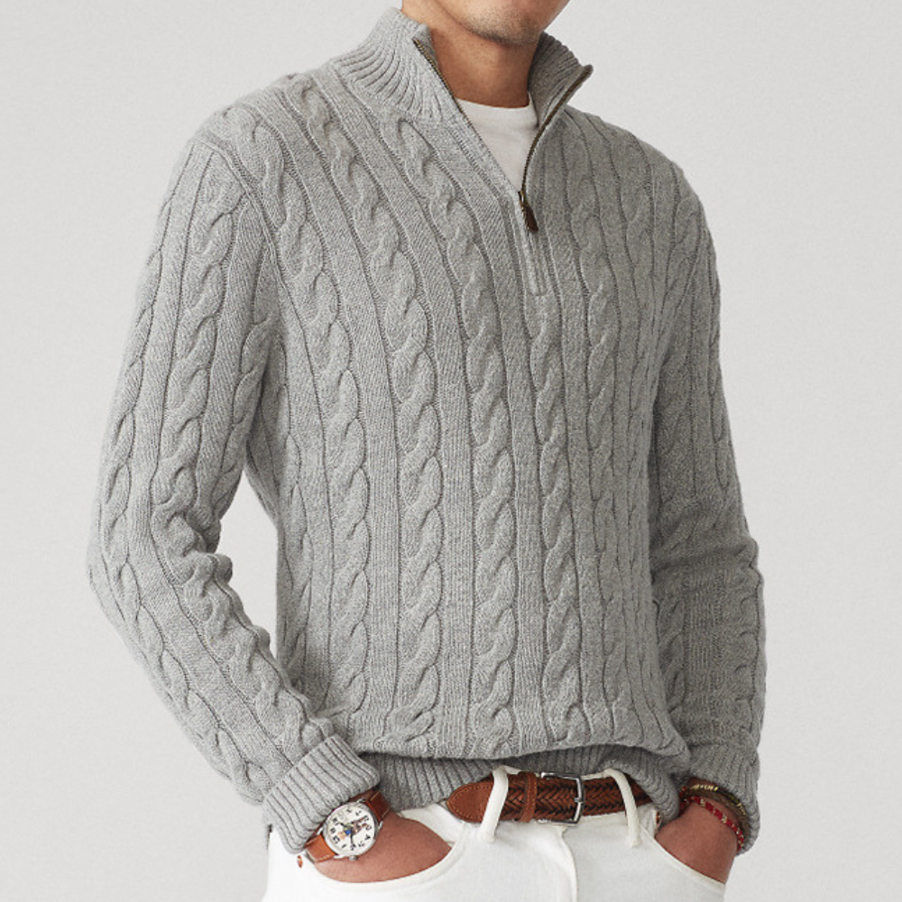 Pull homme à col zippé 1/4 en maille torsadée
