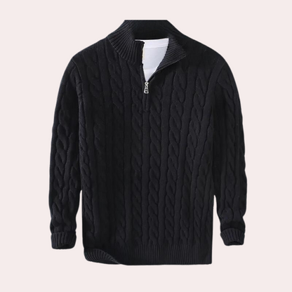 Pull homme à col zippé 1/4 en maille torsadée