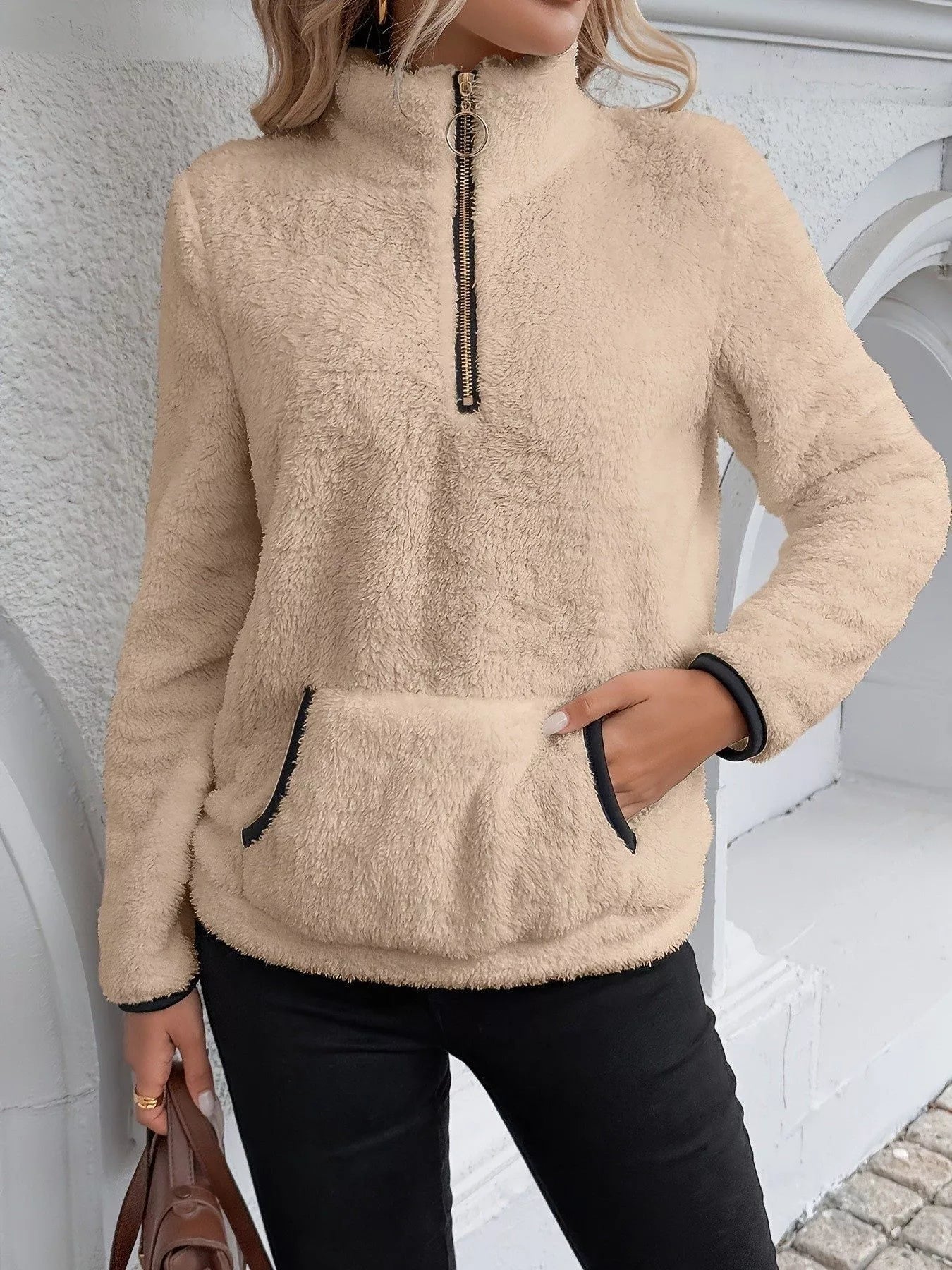 Pull pelucheux à demi-zip pour femme