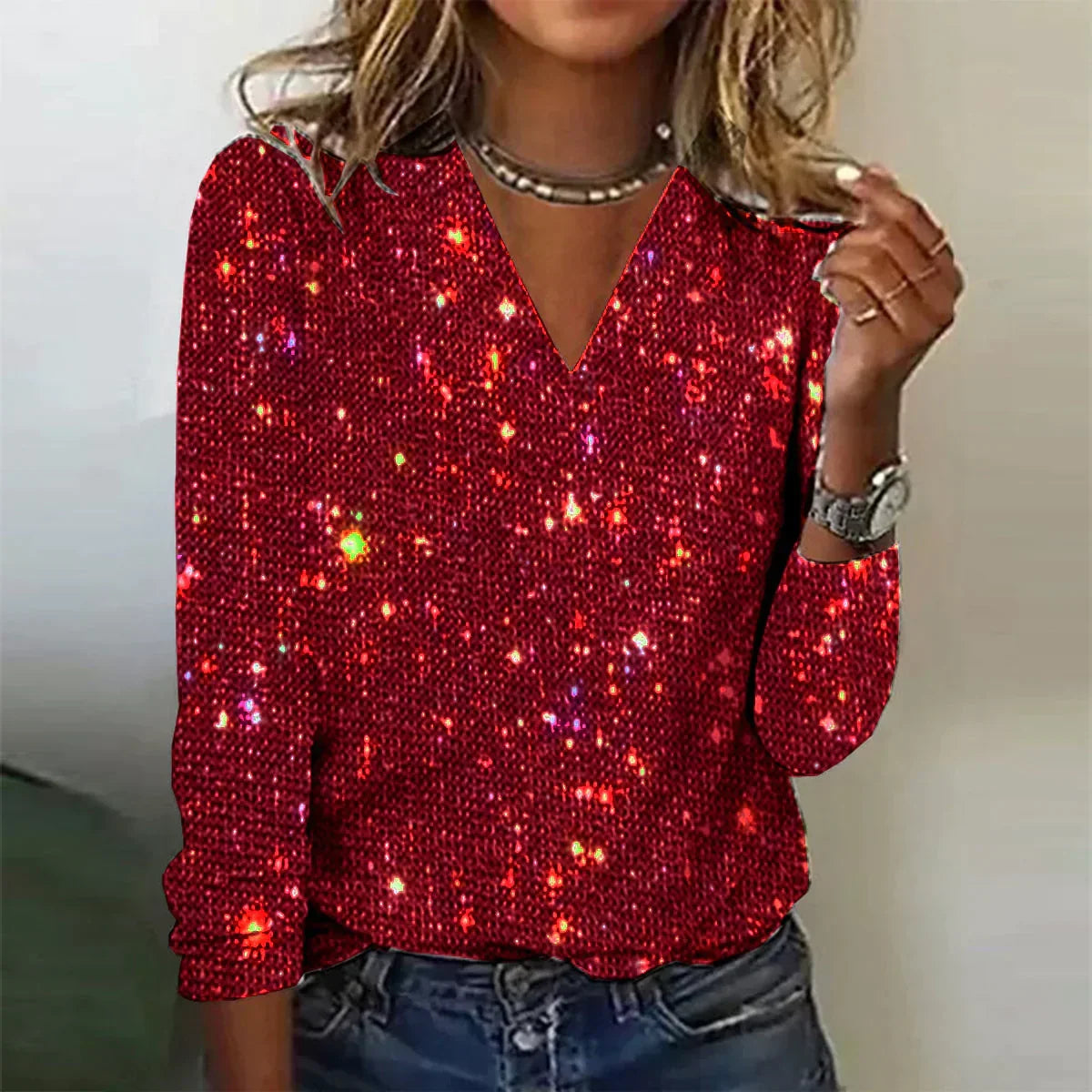 Pull scintillant à col en V pour l’automne