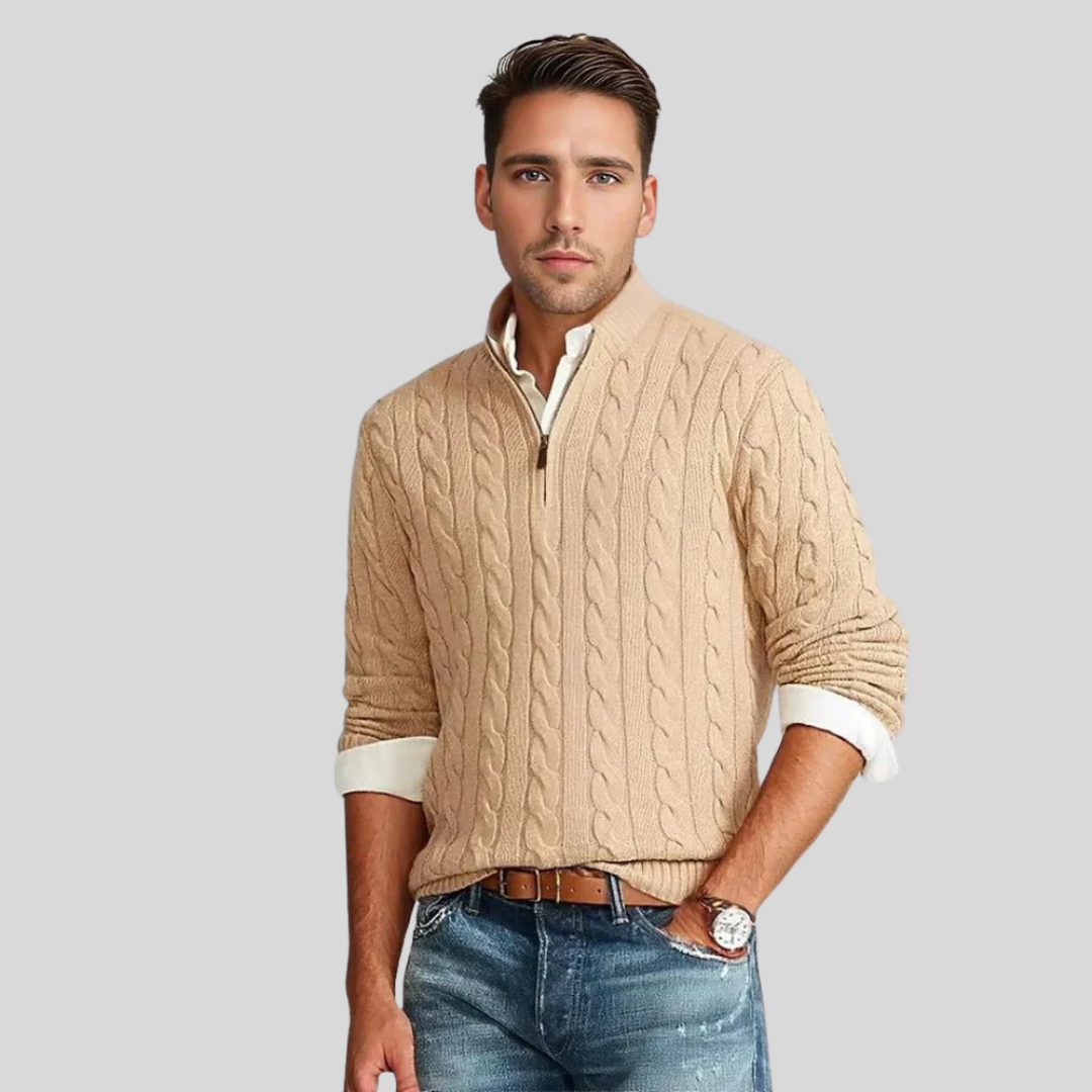 Pull zippé 1/4 en maille torsadée pour homme