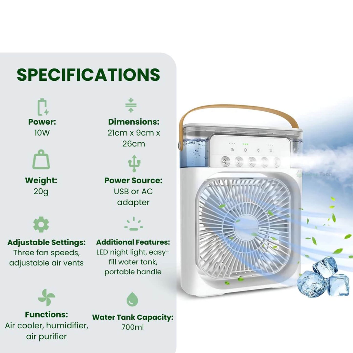 Refroidisseur d’air et humidificateur 3-en-1 | Portable, vitesses du ventilateur réglables et idéal pour les chambres, les bureaux et les petits espaces