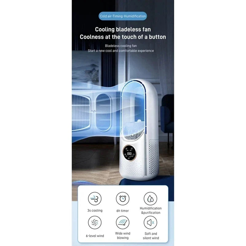 Refroidisseur d'air USB portable sans pales – ventilateur électrique silencieux à 6 vitesses avec minuterie et humidificateur
