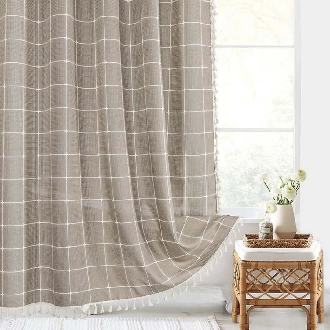 Rideau de douche en lin style bohème avec pompons et conception imperméable