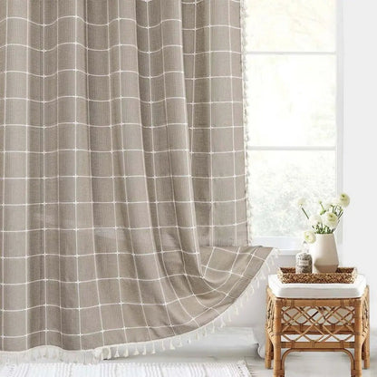 Rideau de douche en lin style bohème avec pompons et conception imperméable