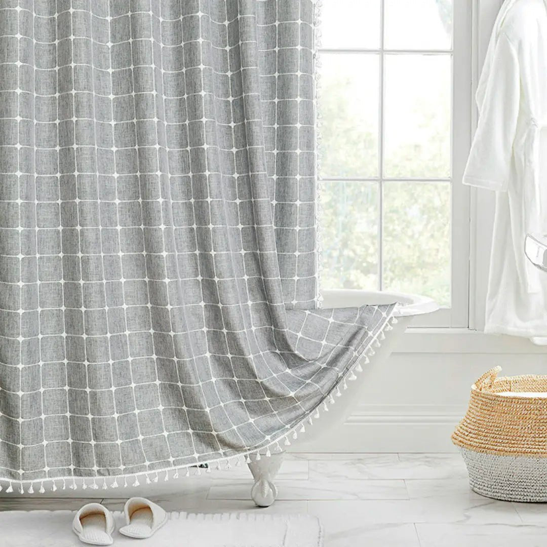 Rideau de douche en lin style bohème avec pompons et conception imperméable
