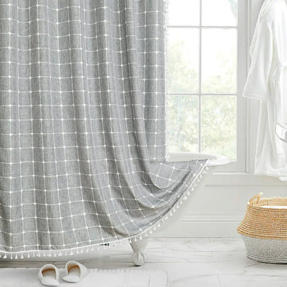 Rideau de douche en lin style bohème avec pompons et conception imperméable