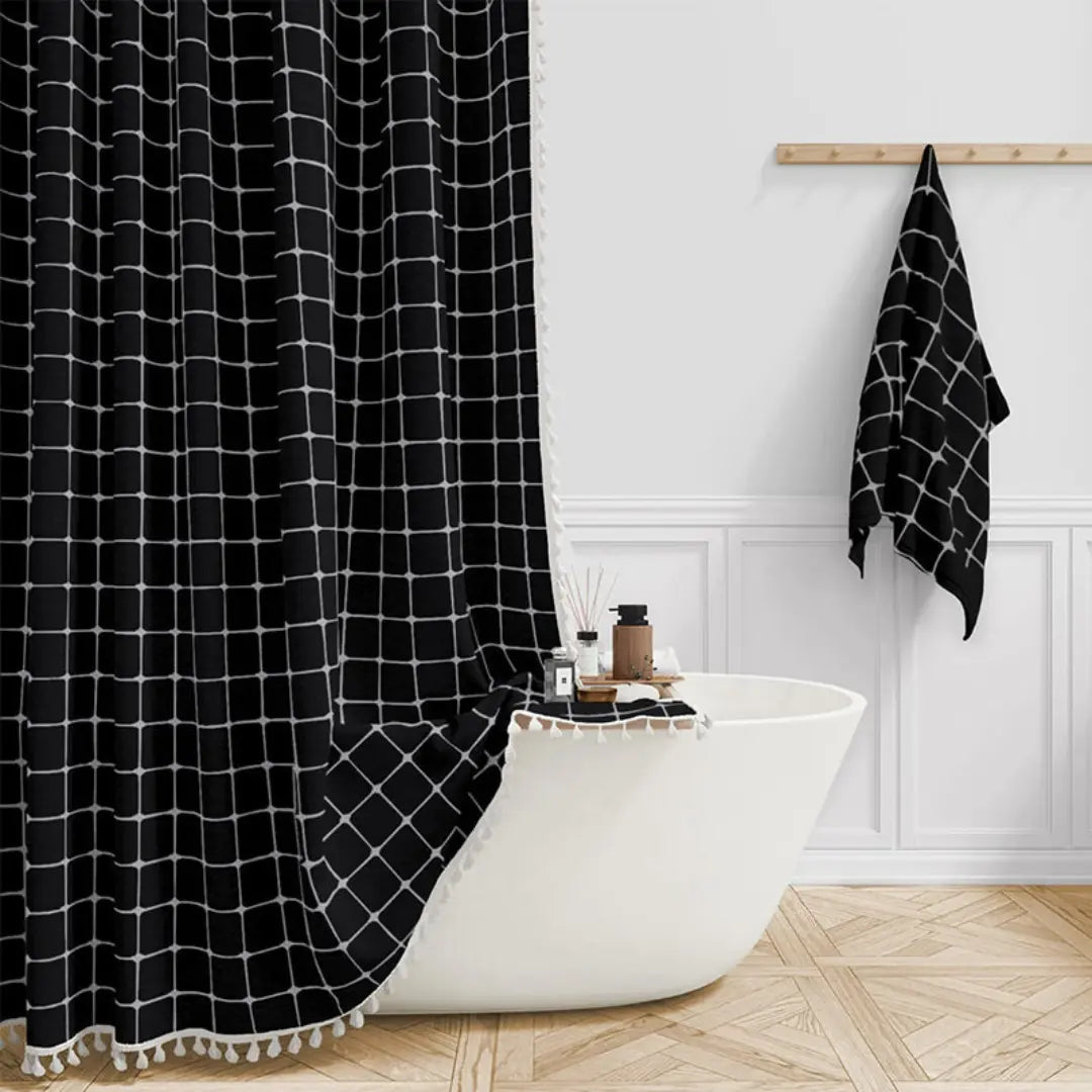 Rideau de douche en lin style bohème avec pompons et conception imperméable