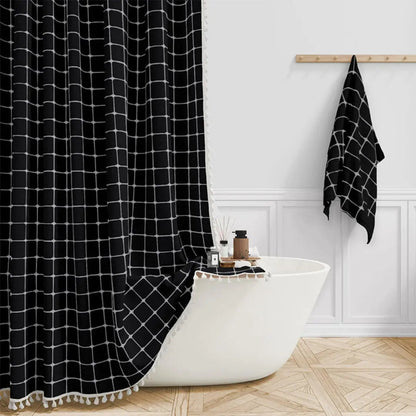 Rideau de douche en lin style bohème avec pompons et conception imperméable
