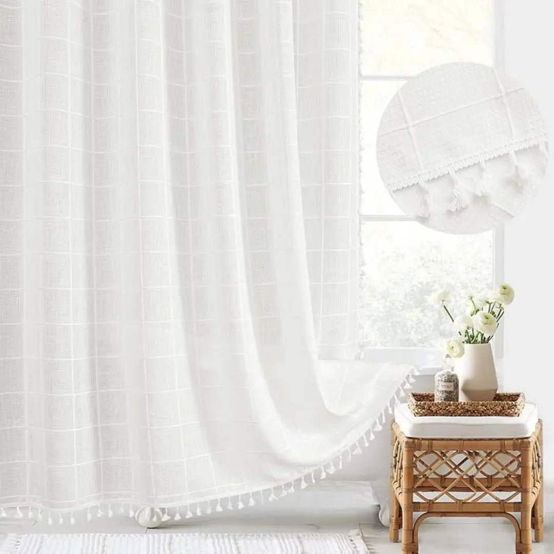 Rideau de douche en lin style bohème avec pompons et conception imperméable