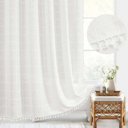 Rideau de douche en lin style bohème avec pompons et conception imperméable