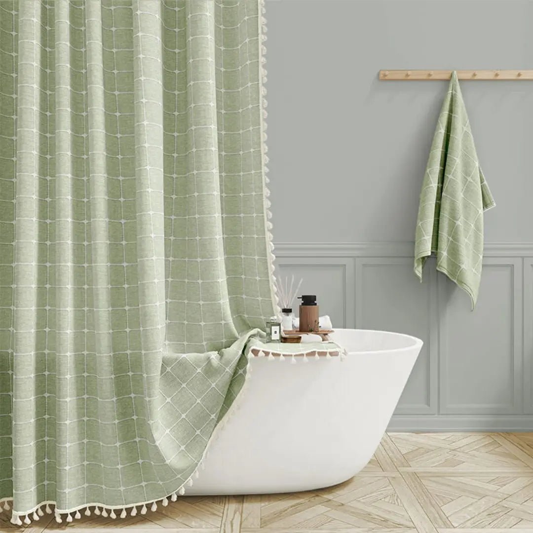 Rideau de douche en lin style bohème avec pompons et conception imperméable