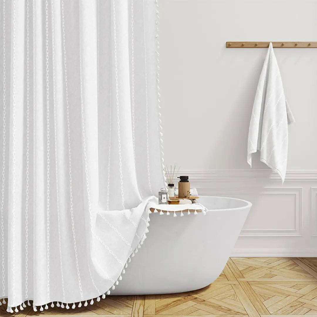 Rideau de douche en lin style bohème avec pompons et conception imperméable