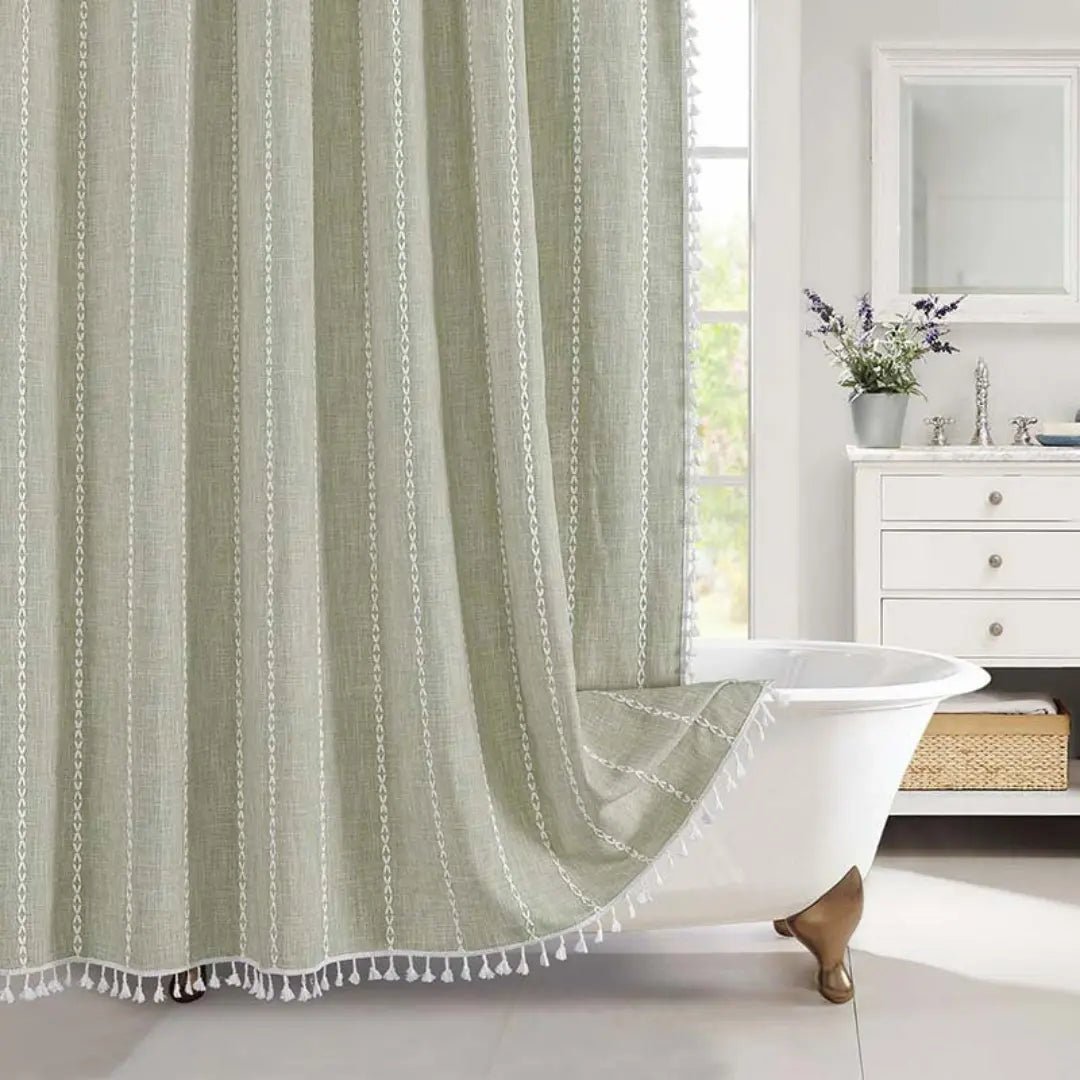 Rideau de douche en lin style bohème avec pompons et conception imperméable
