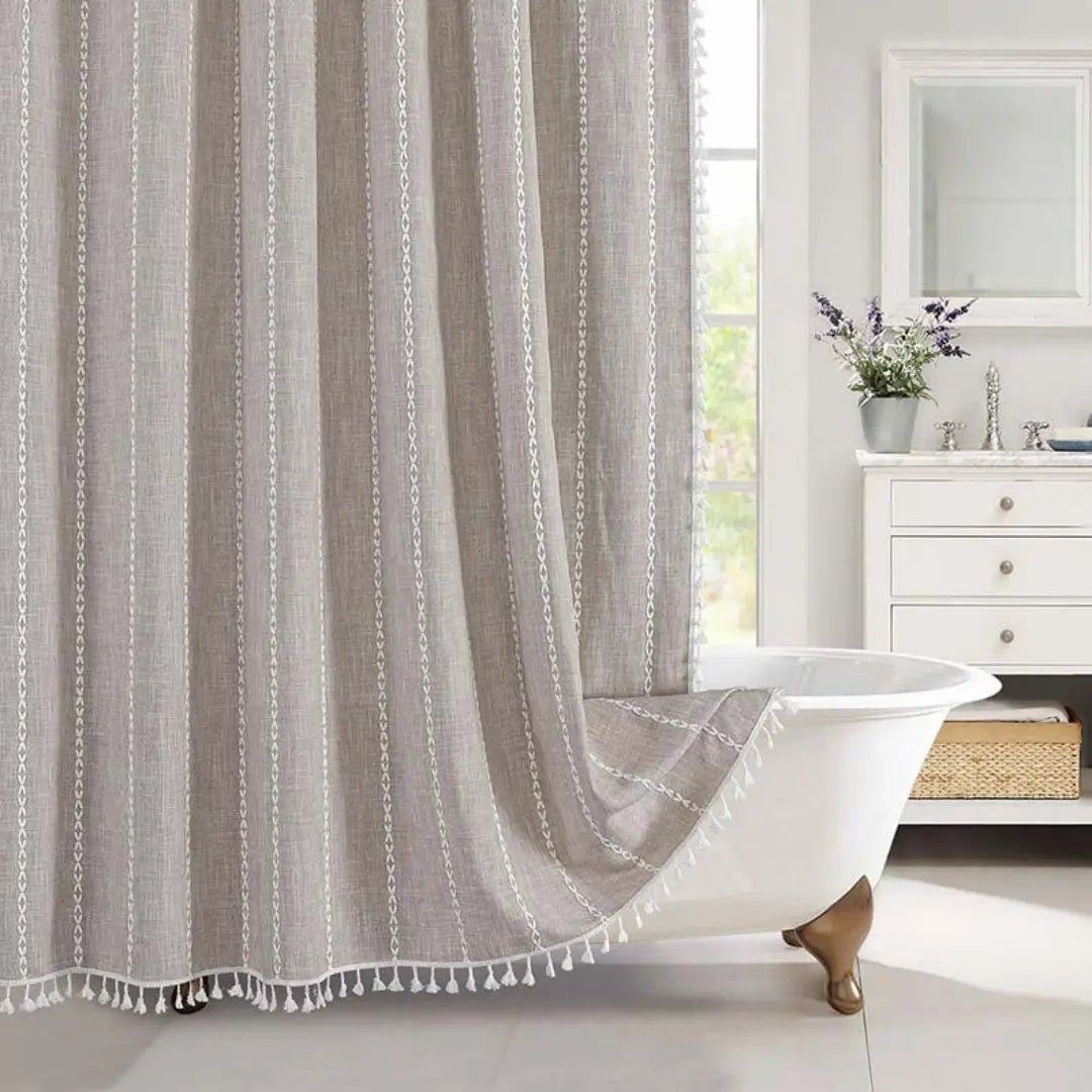Rideau de douche en lin style bohème avec pompons et conception imperméable