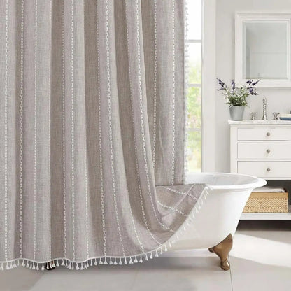 Rideau de douche en lin style bohème avec pompons et conception imperméable