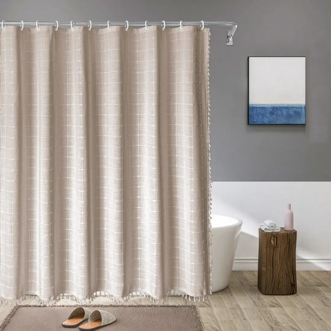 Rideau de douche en lin style bohème avec pompons et conception imperméable