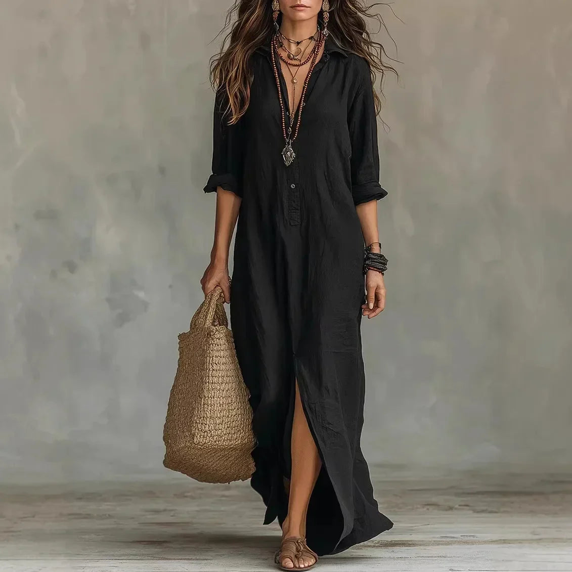 Robe-chemise longue en lin