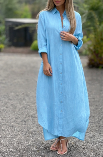 Robe-chemise maxi boutonnée pour femme, manches longues, col chemise