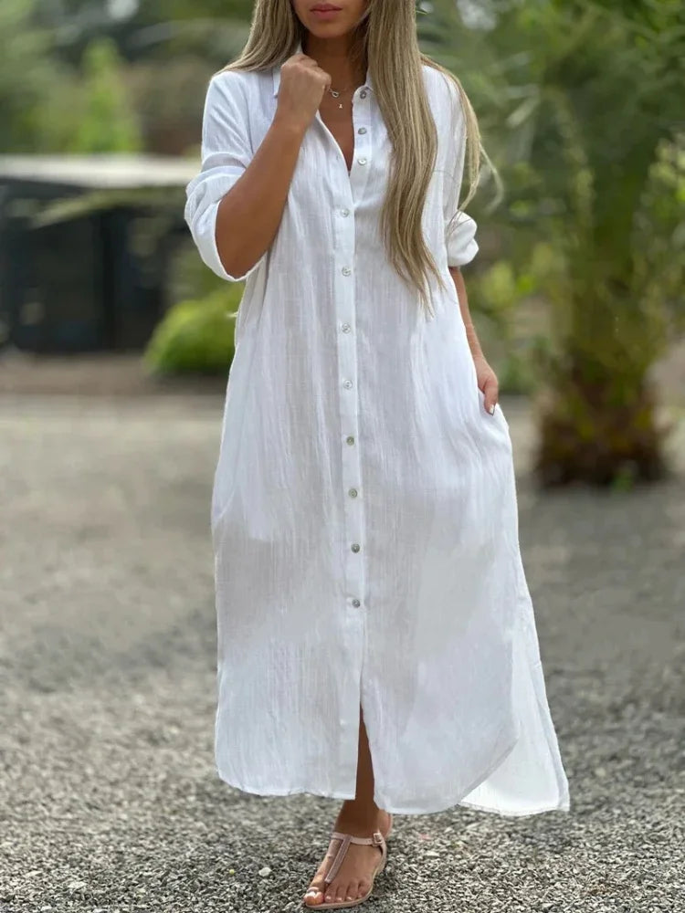 Robe-chemise maxi boutonnée pour femme, manches longues, col chemise