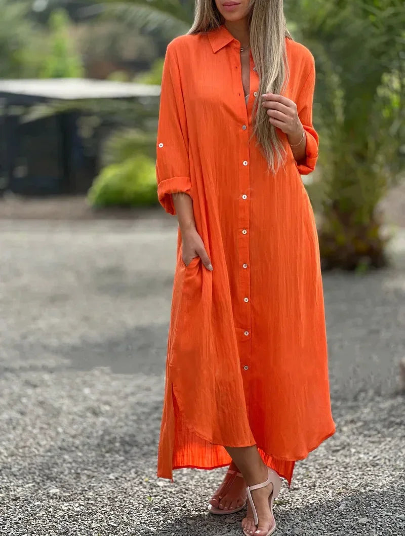 Robe-chemise maxi boutonnée pour femme, manches longues, col chemise