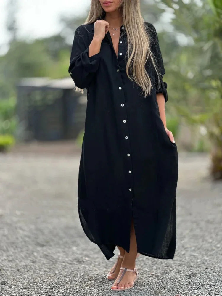 Robe-chemise maxi boutonnée pour femme, manches longues, col chemise