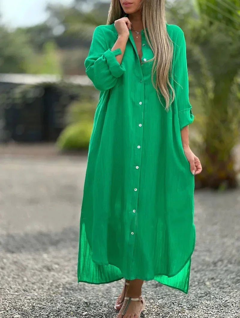Robe-chemise maxi boutonnée pour femme, manches longues, col chemise