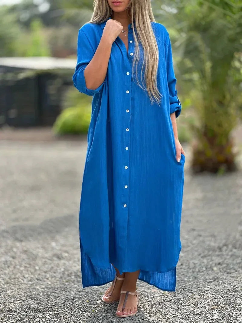 Robe-chemise maxi boutonnée pour femme, manches longues, col chemise