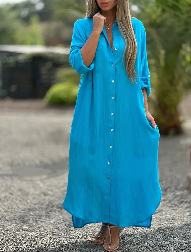 Robe-chemise maxi boutonnée pour femme, manches longues, col chemise