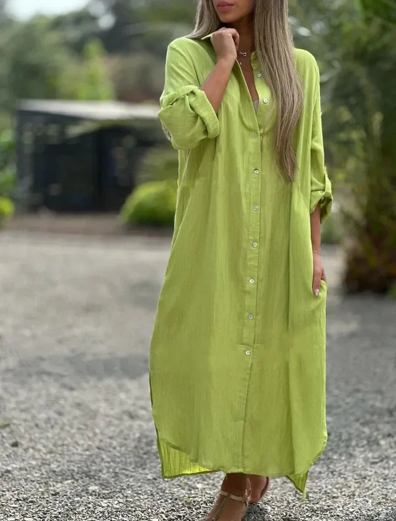 Robe-chemise maxi boutonnée pour femme, manches longues, col chemise