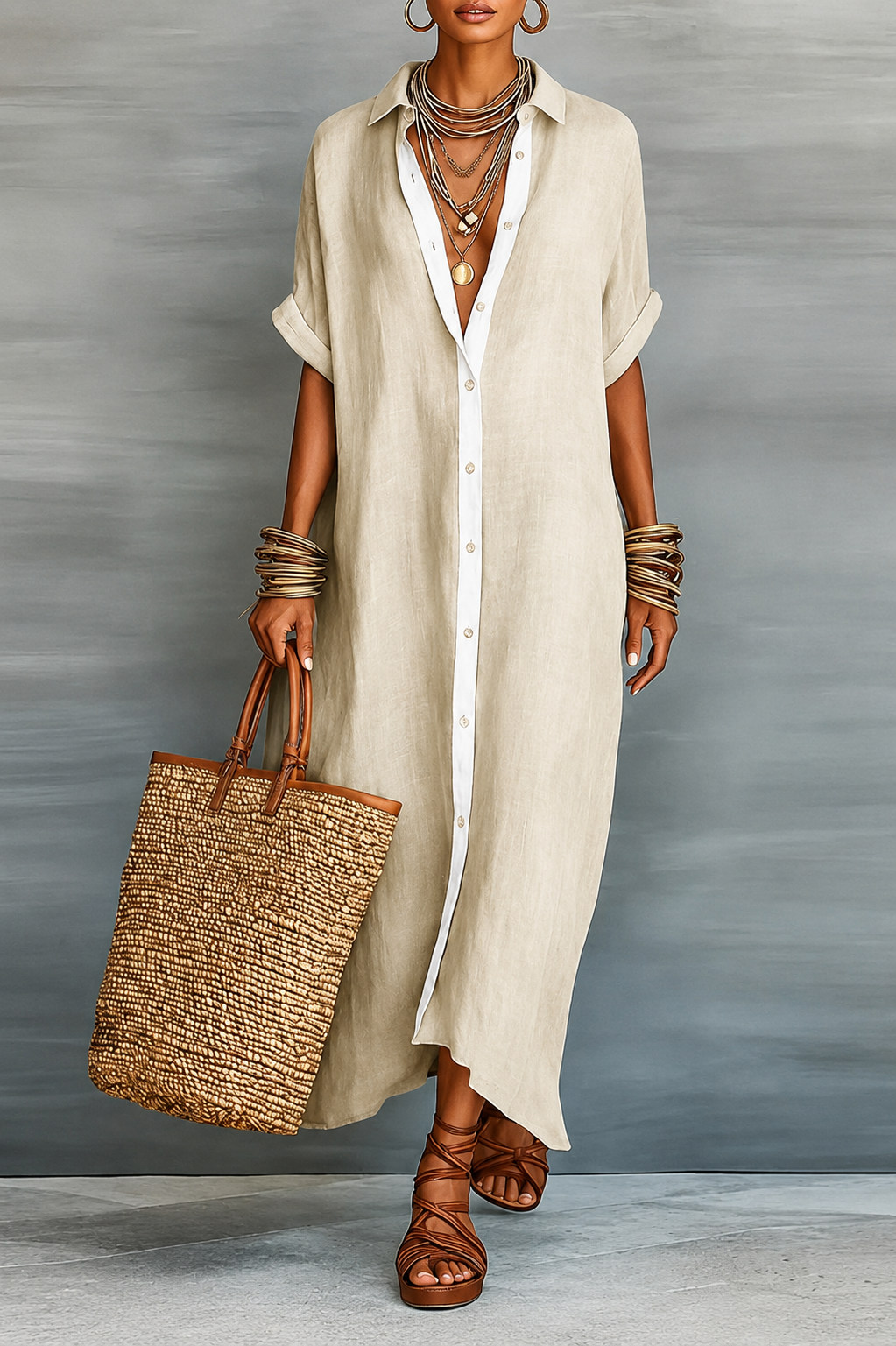 Robe-chemise maxi en lin boutonnée devant pour femme