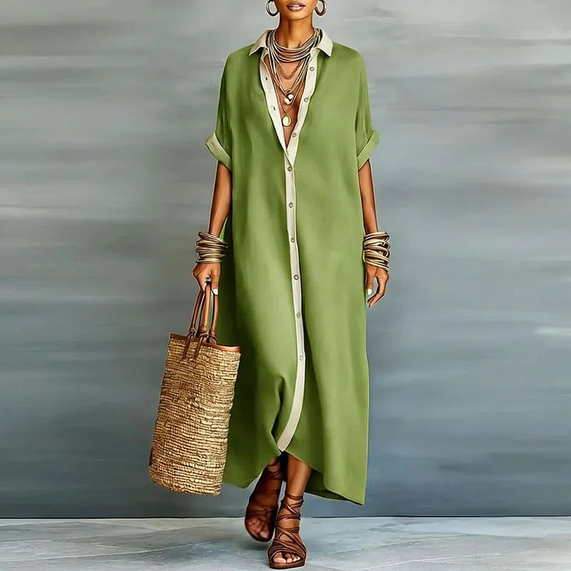 Robe-chemise maxi en lin boutonnée devant pour femme