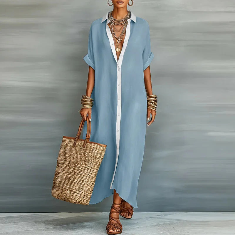 Robe-chemise maxi en lin boutonnée devant pour femme