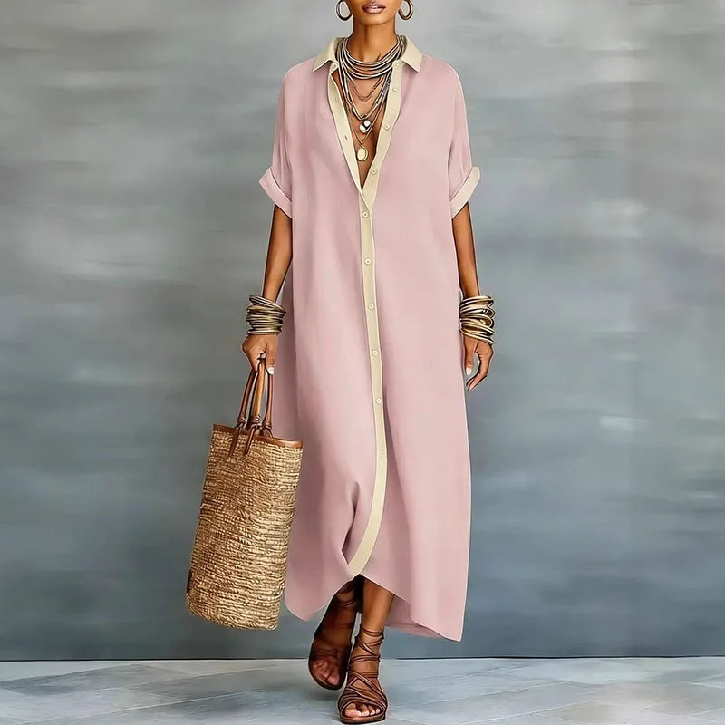 Robe-chemise maxi en lin boutonnée devant pour femme